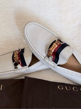 Gucci White Leather Loafers with Red and Blue Web and Gold Horsebit